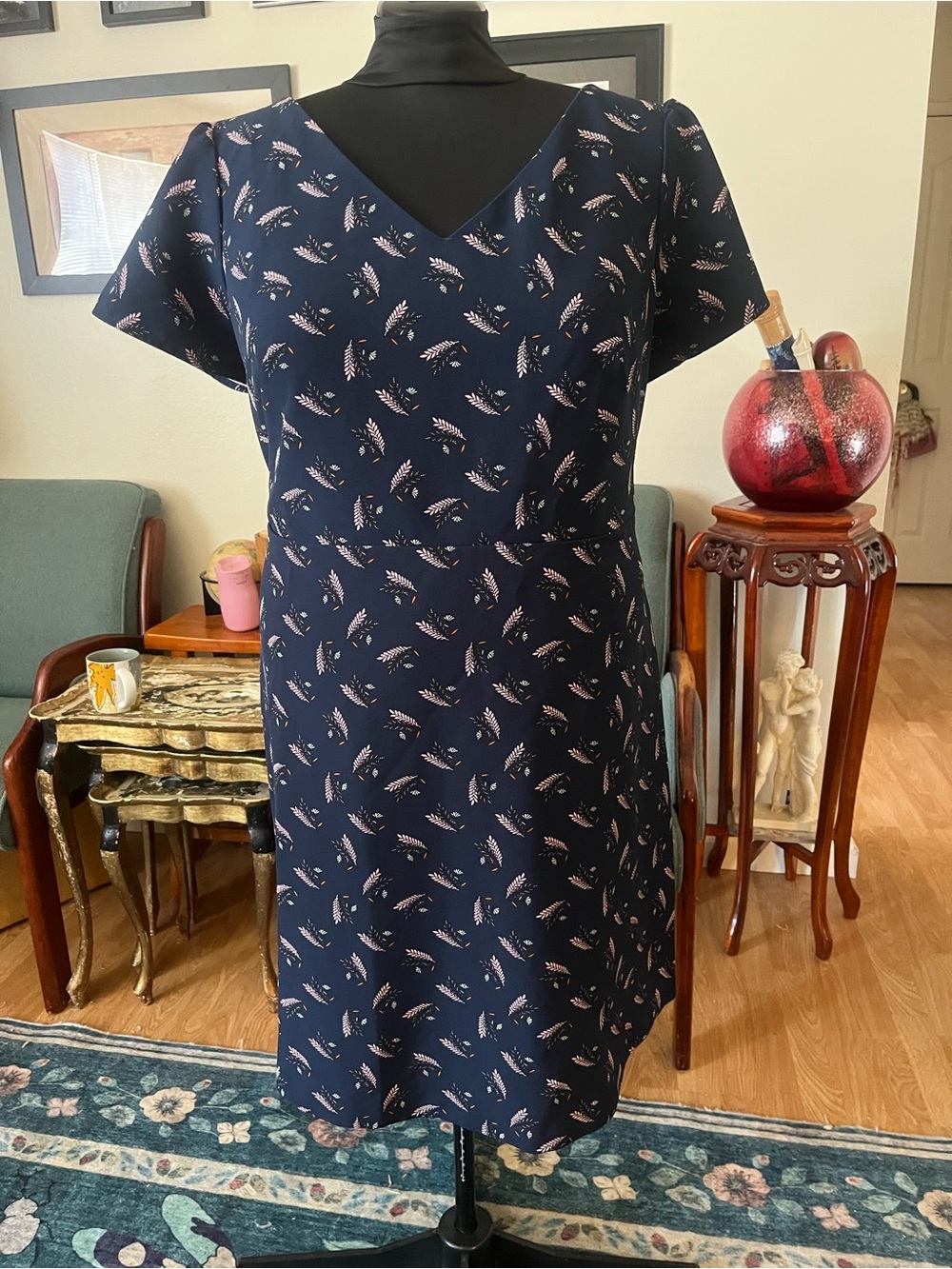 LOFT Navy Dress with Pink Floral Print